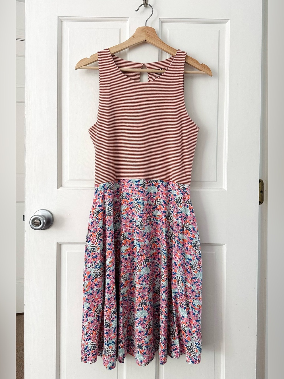 PACT Fit & Flare Organic Cotton Striped Floral Tank Dress Orange Pockets Size M